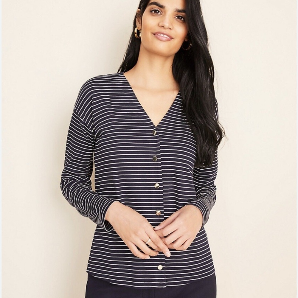 ANN TAYLOR XL Striped V-Neck Button-Up Women's cardigan preppy nautical coastal